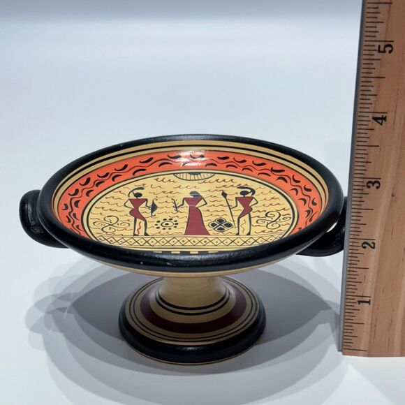 Vintage Hand Made Savas Ceramics Rhodes Small Pedestal Bowl Greek Figures (A9) - Picture 4 of 16
